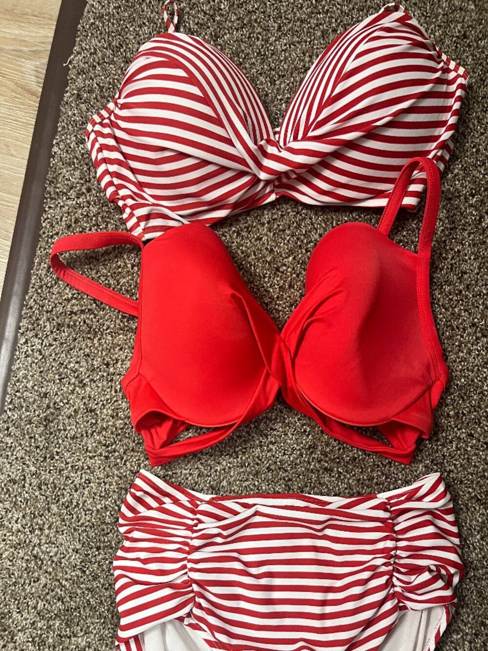 Red and white striped bikini bottoms with mix and match supportive tops